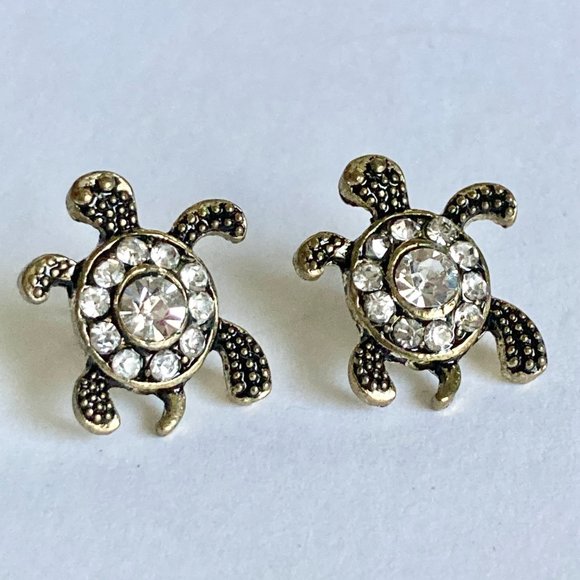 Crystal Sea Turtle Post Earrings Gold Tone Plated Nautical Island Beach Dainty - Picture 8 of 12